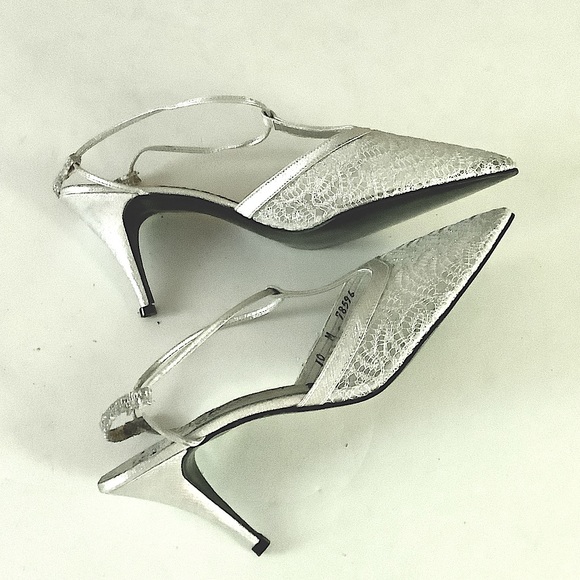 Vintage Silver Metallic Leather Lace Sling Back Heels 2 1/2” USA Jacques Levine - Picture 2 of 4